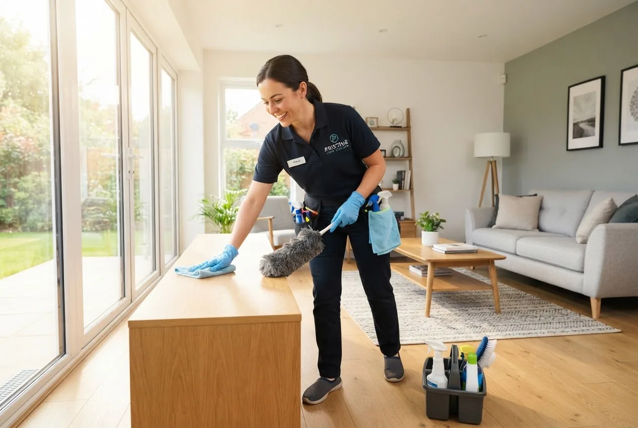 A high-resolution image of a professional cleaner wearing uniform, using cleaning tools in a bright, tidy living room; natural light
