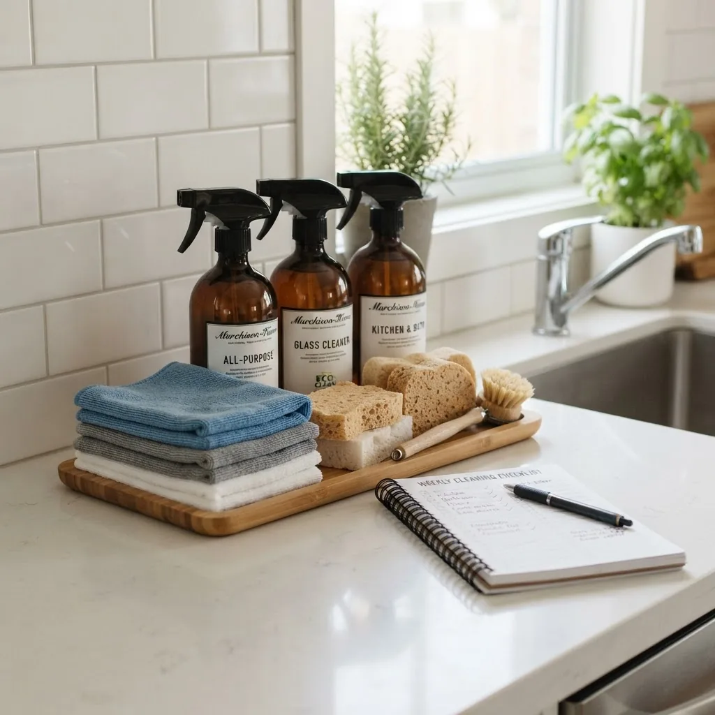 A close-up shot of a neatly organized set of professional cleaning supplies on a countertop, including microfiber cloths, bottles of
