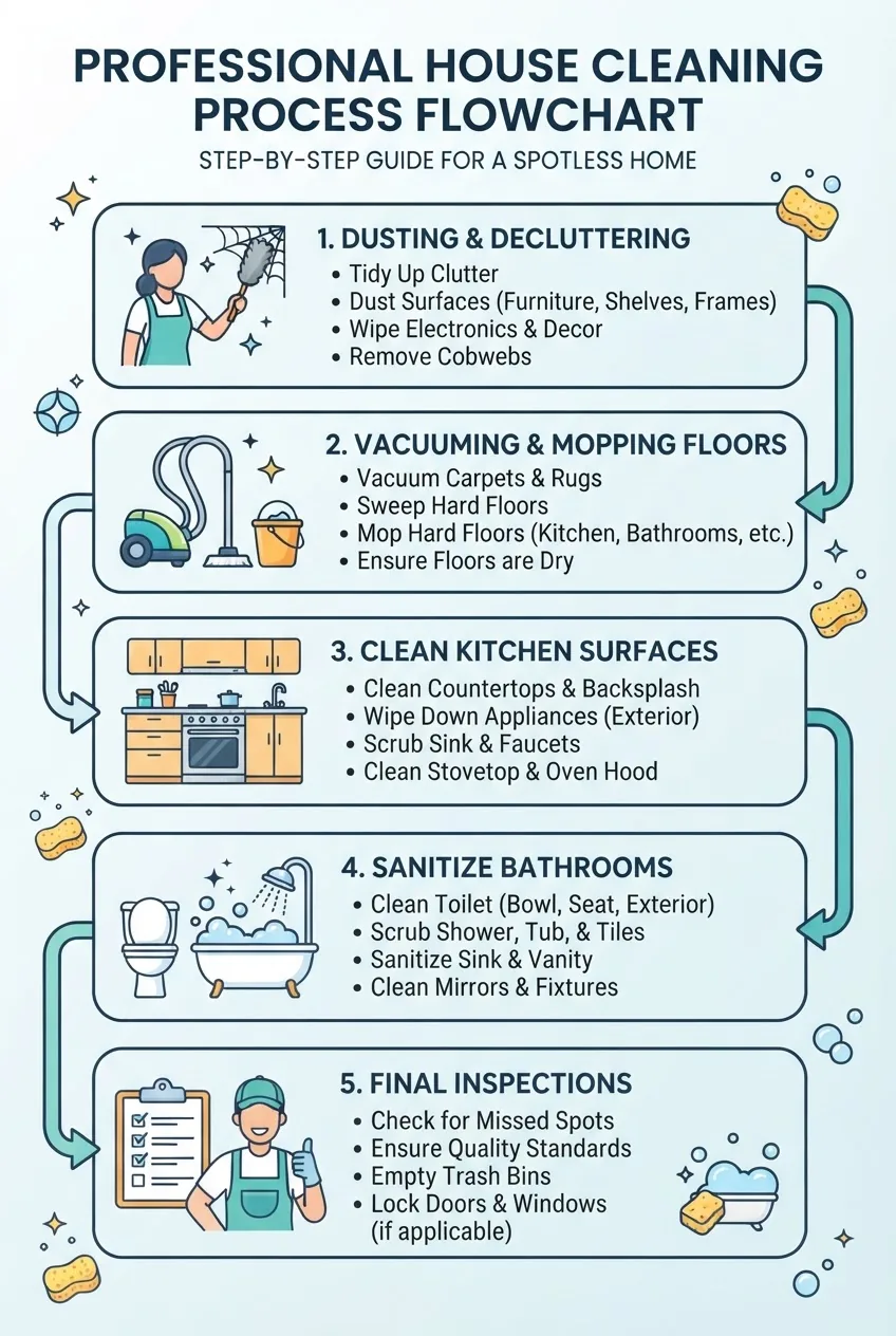 Infographic structured as a step-by-step flowchart showing the professional house cleaning process: start with dusting and decluttering,