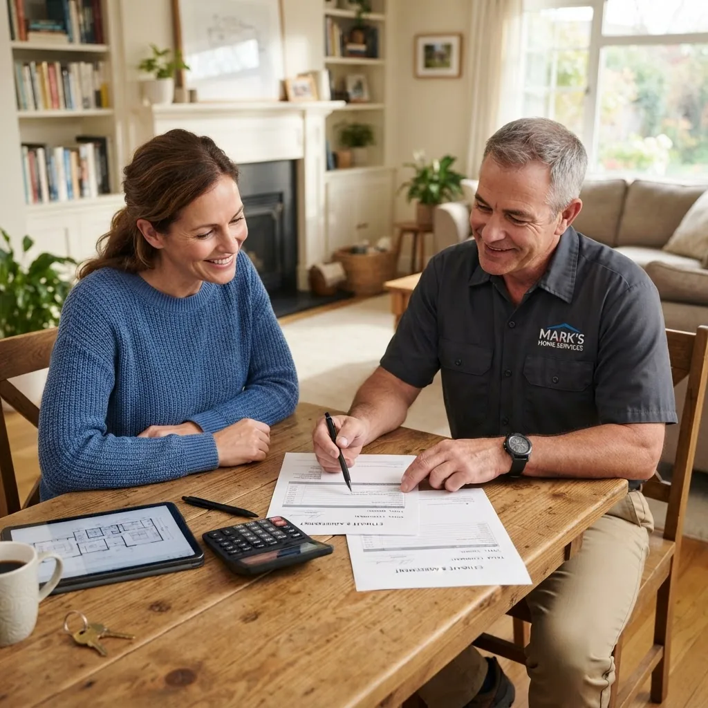 a homeowner and contractor discussing a repair estimate together over a table, contract papers and calculator visible, in a cozy living