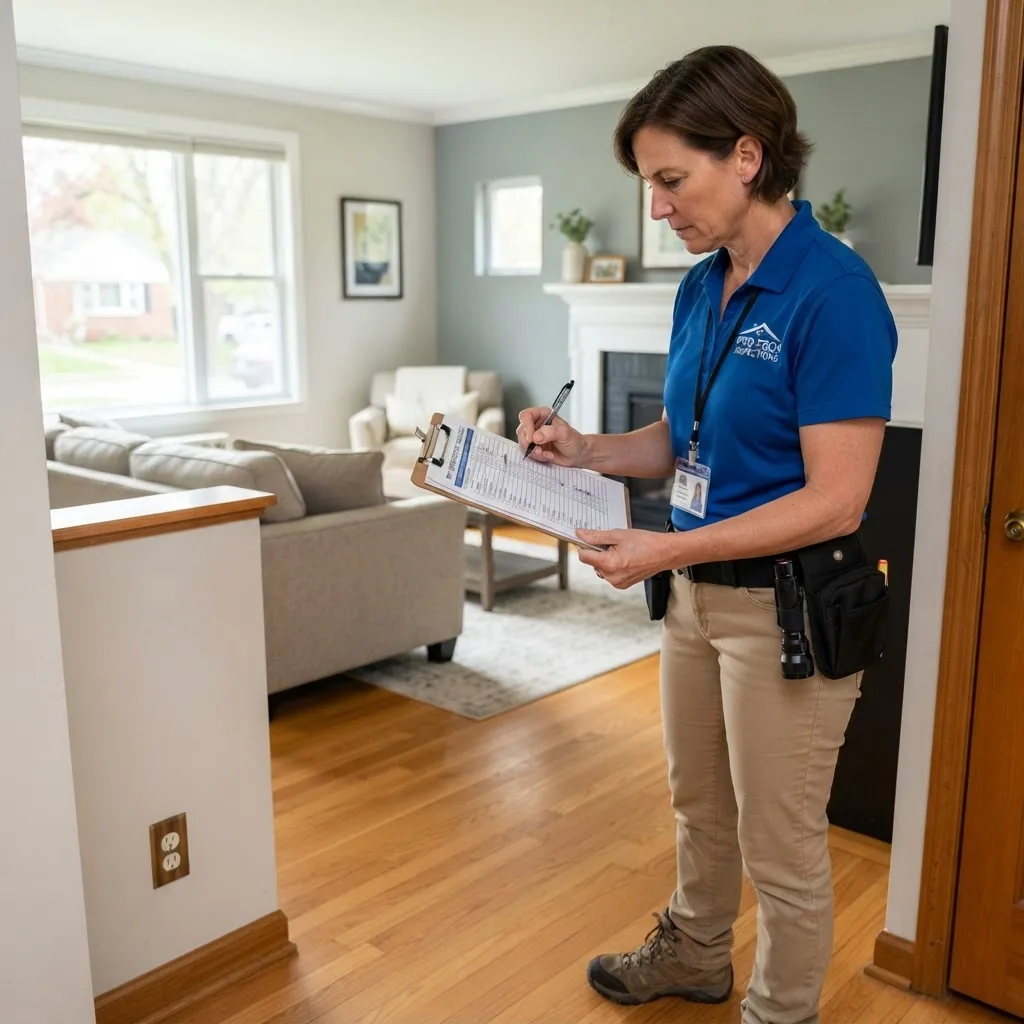 a professional home inspector examining a residential property, clipboard and checklist in hand, mid-shot from slight side angle, conveying