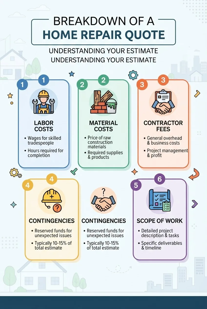 A clean, professional infographic illustrating a five-part breakdown of a home repair quote: 1) Labor Costs, 2) Material Costs, 3)