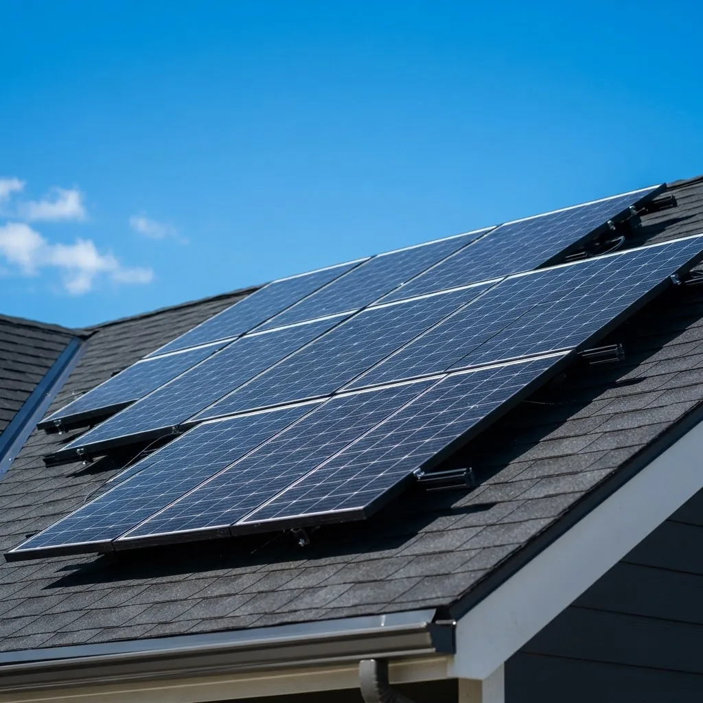 solar panels installed on a modern house roof with clear blue sky background, showcasing renewable energy in home renovations, captured in