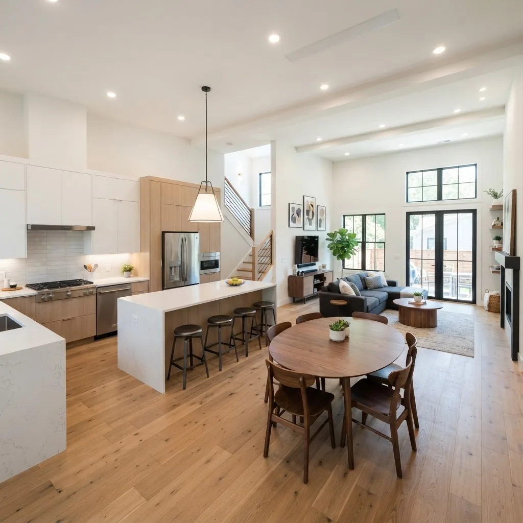 bright, well-lit modern living room and kitchen showing updated cabinetry, open floor plan, and stylish finishes, photographed from corner
