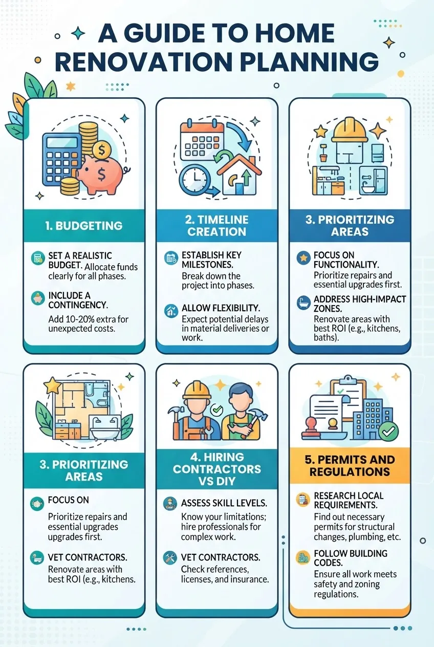 A clear, visually structured infographic with five vertical sections illustrated by icons: 1. Budgeting, 2. Timeline creation, 3.