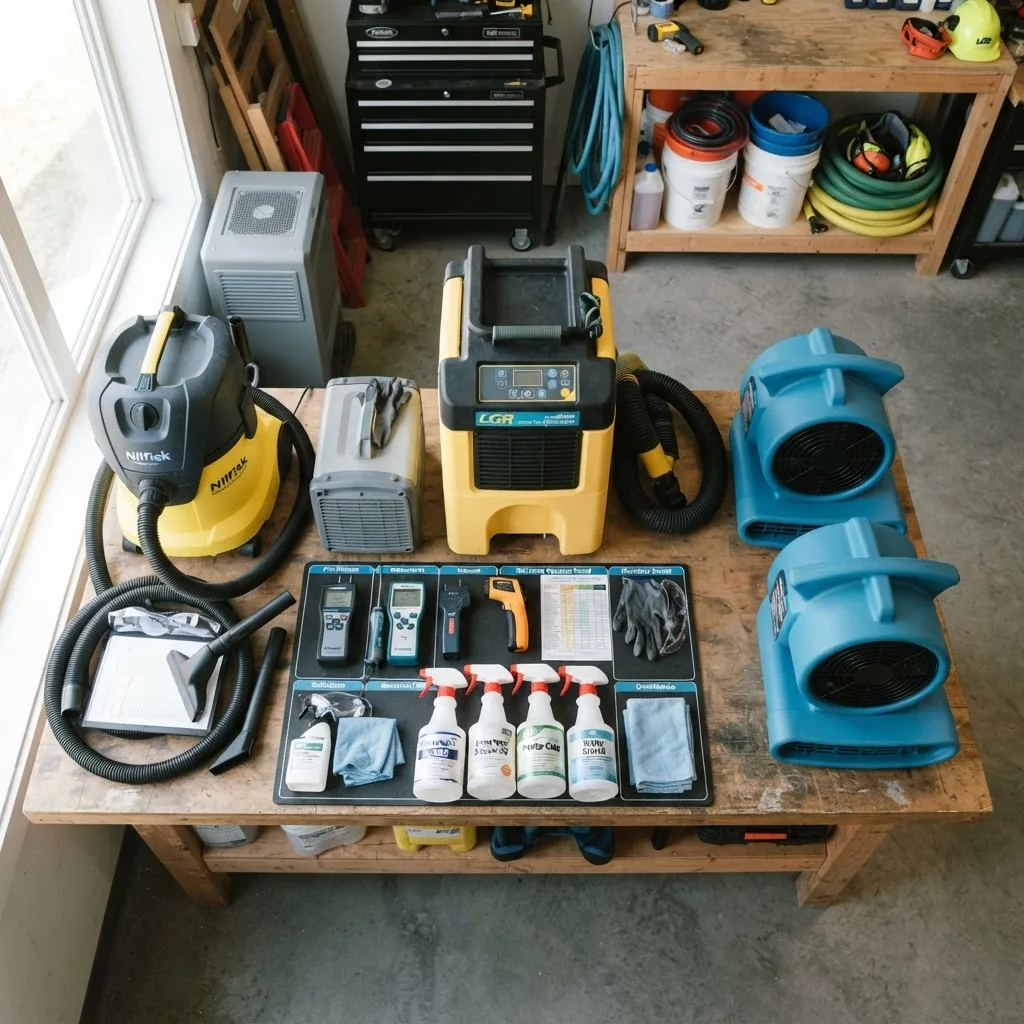 neatly arranged set of professional water damage repair tools on a workbench, including a dehumidifier, air mover fans, moisture meters,