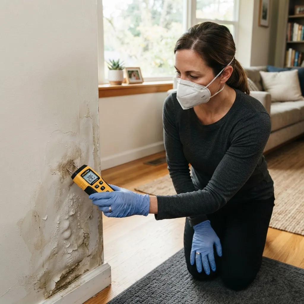 a homeowner wearing protective gloves and a mask, using a moisture meter to assess water damage on a drywall surface inside a residential