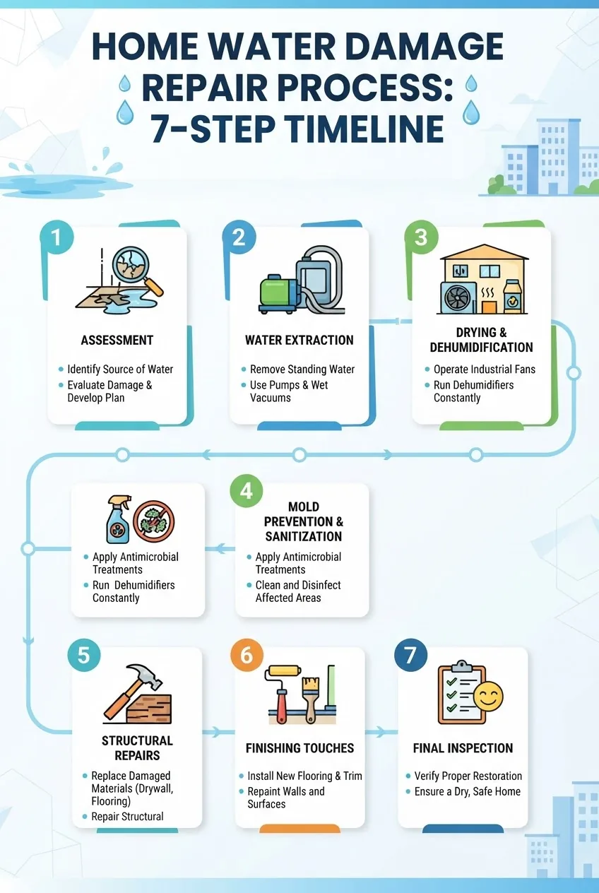 shows a 7-step horizontal timeline of home water damage repair process: assessment, water extraction, drying, mold prevention, structural