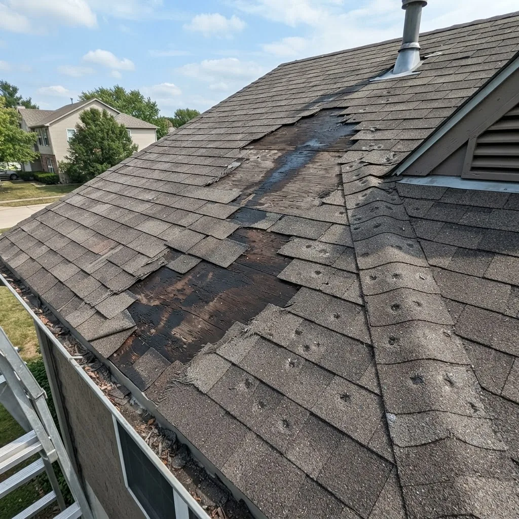 Clear photograph of a residential asphalt shingle roof showing damage types: missing shingles, water stain marks on roof deck, and visible