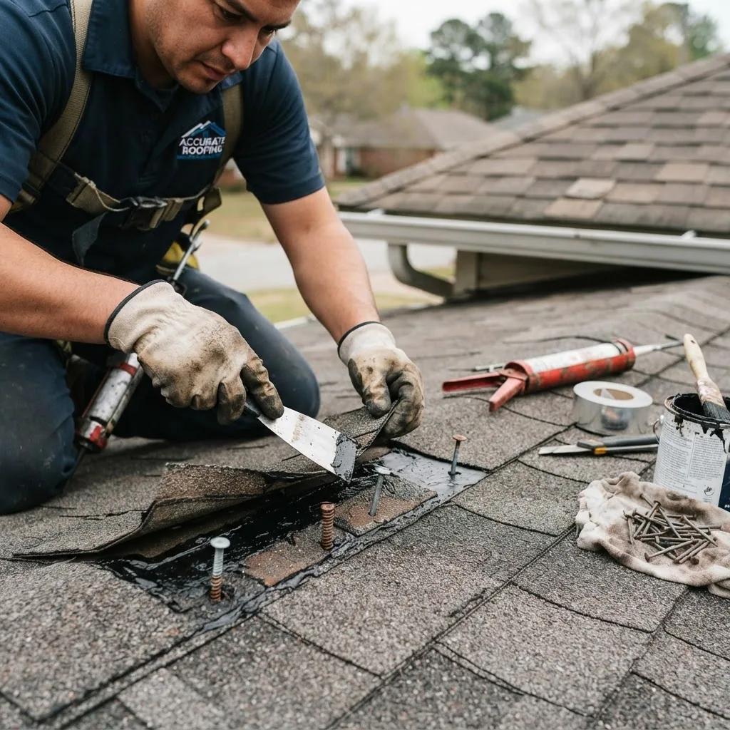 Close-up image of a roofing professional applying roofing cement to repair a shingle with visible roofing nails and tools laid out nearby,