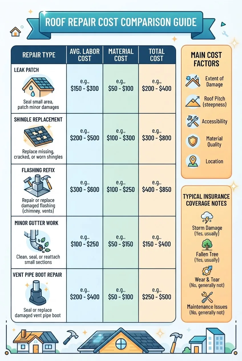 a cost comparison table with columns for repair type, average labor cost, material cost, total cost; includes icons representing different