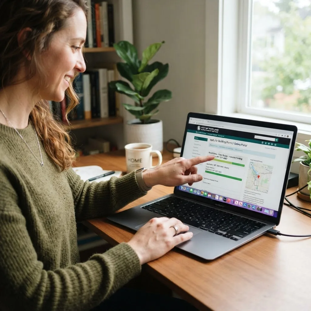 close-up of a desktop with a laptop open on a city government building permit webpage, a homeowner casually pointing at the screen, modern