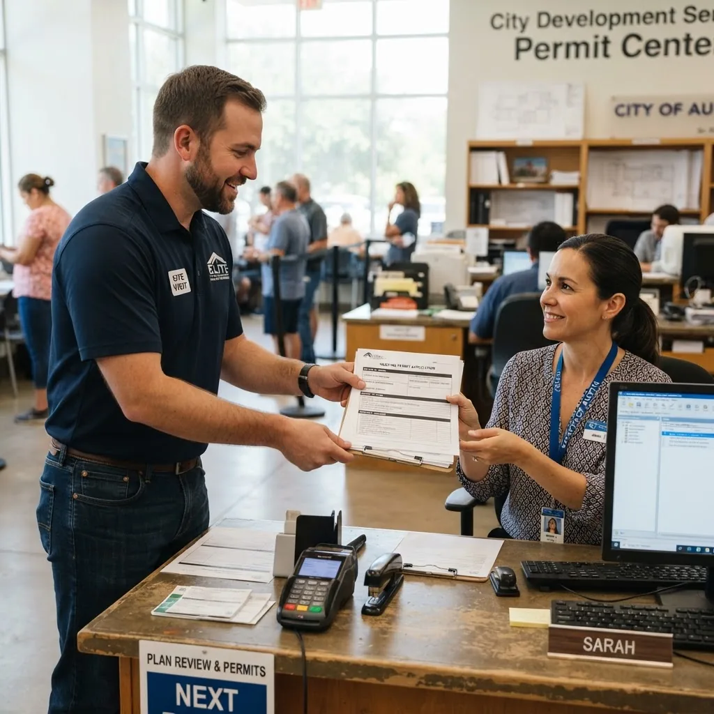 professional contractor standing at a city permit office counter handing over roofing permit application documents to a clerk, daylight