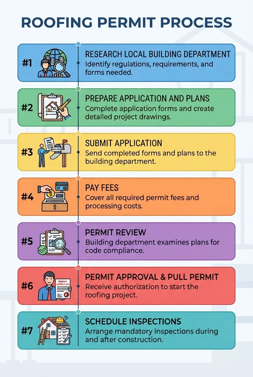 A clean, simple infographic showing 7 numbered steps of the roofing permit process arranged vertically with icons for each step: 1)