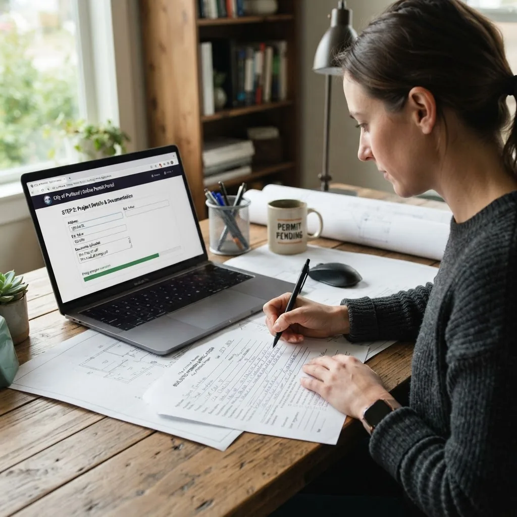A close-up shot of a person filling out building permit paperwork and using a laptop showing an online permit application portal, on a
