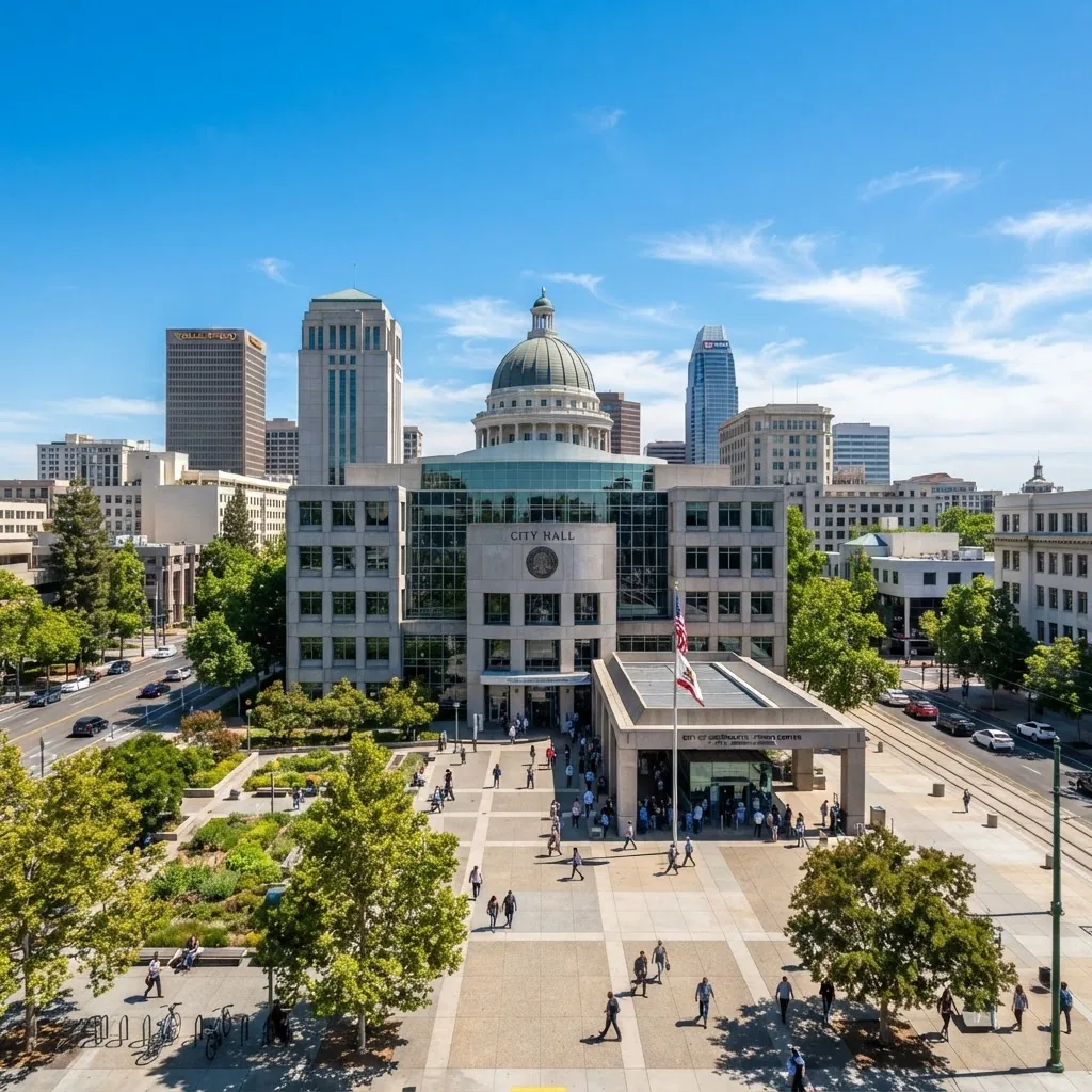 A wide-angle daytime photo showing Sacramento city hall or a recognizable local government building with clear blue skies, representing