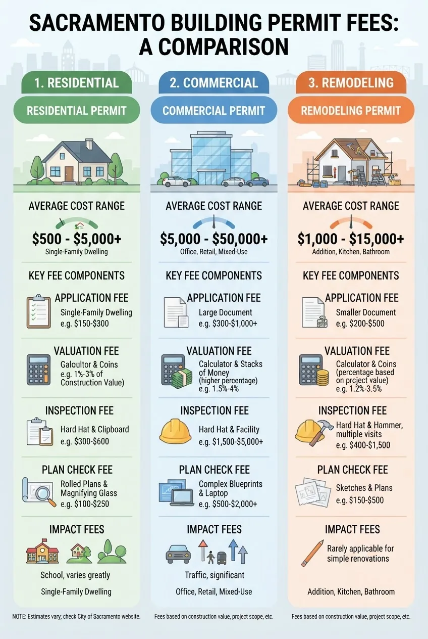 An infographic with three columns comparing typical Sacramento building permit fees by permit type: residential, commercial, and