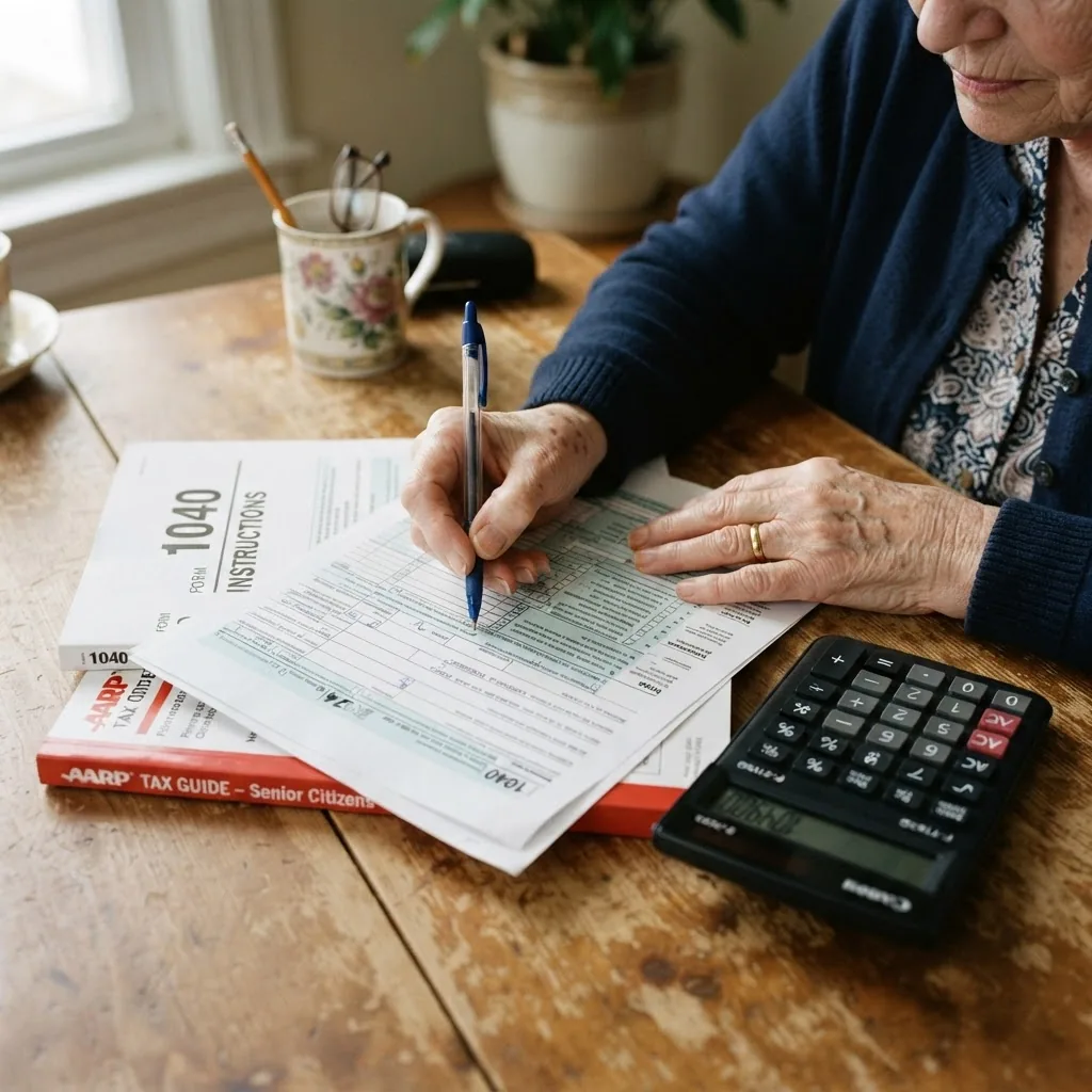 Close-up photo of a senior’s hands filling out government forms with a pen, accompanied by printed guides and a calculator on a wooden