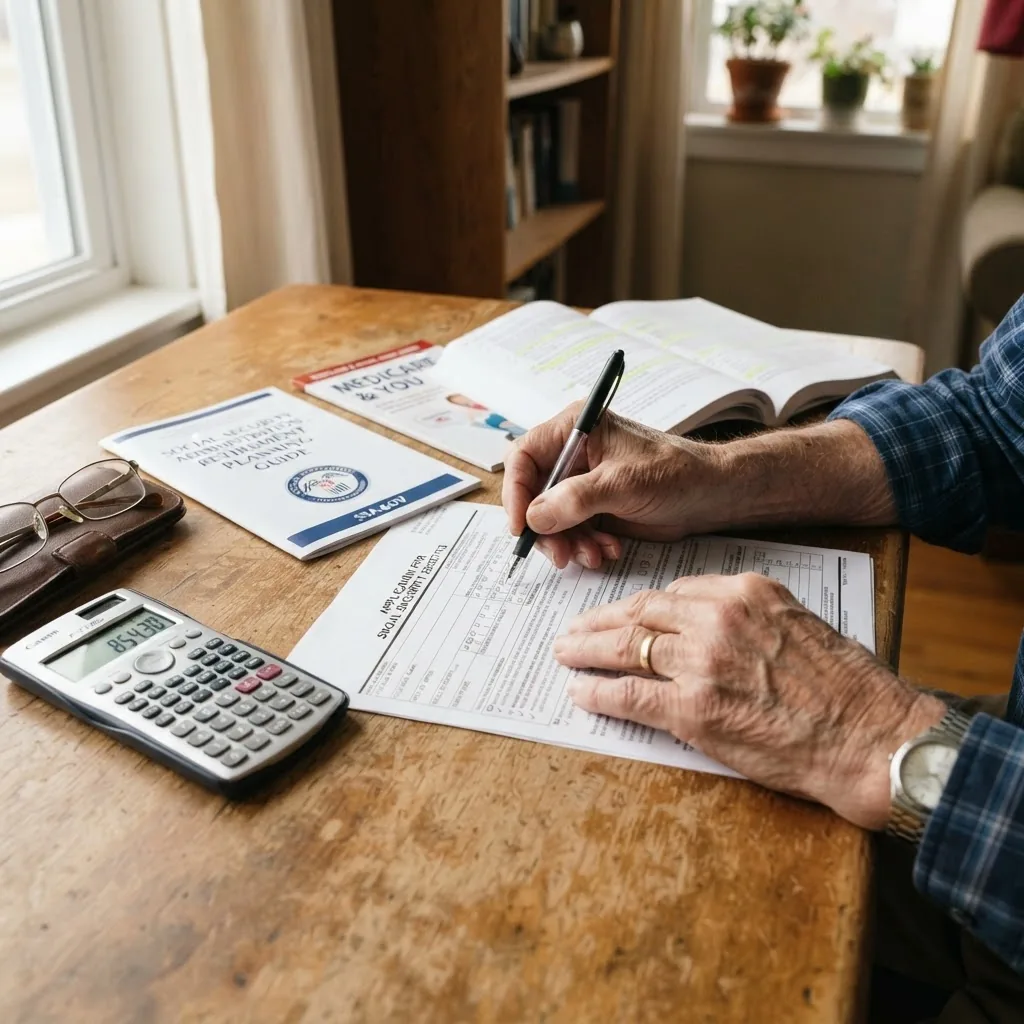 Close-up photo of a senior’s hands filling out government forms with a pen, accompanied by printed guides and a calculator on a wooden