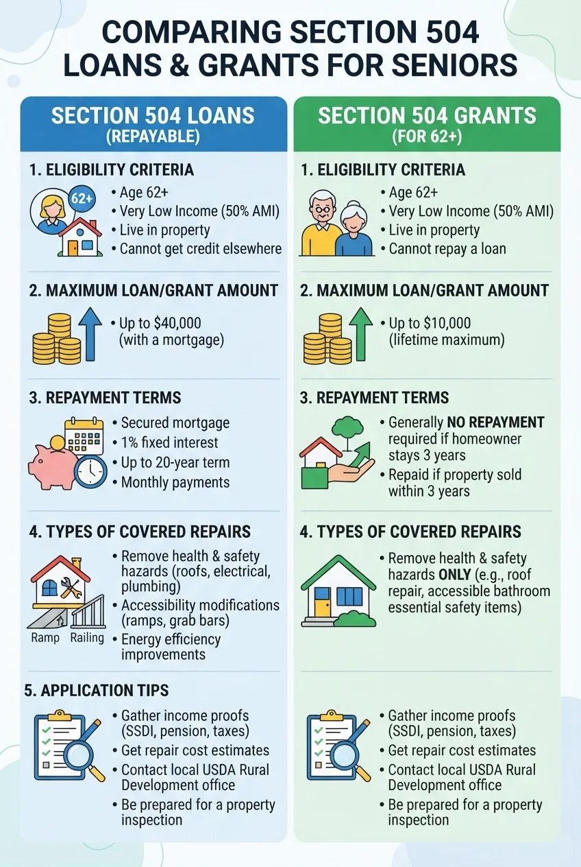 A clean infographic divided into two columns comparing Section 504 loans and grants for seniors: columns include eligibility criteria,