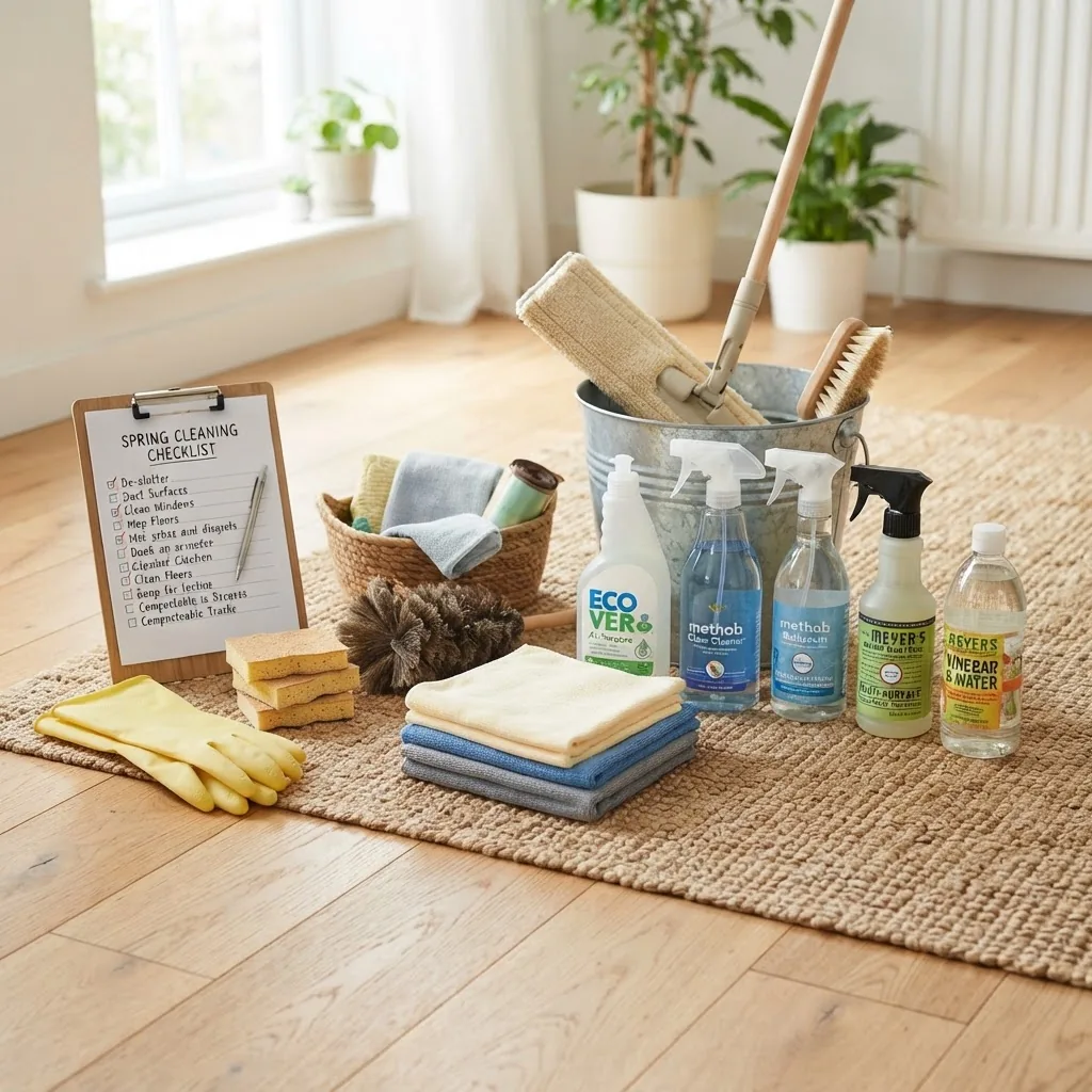 neatly organized set of spring cleaning supplies arranged on a light wooden floor: microfiber cloths, spray bottles, gloves, sponges,