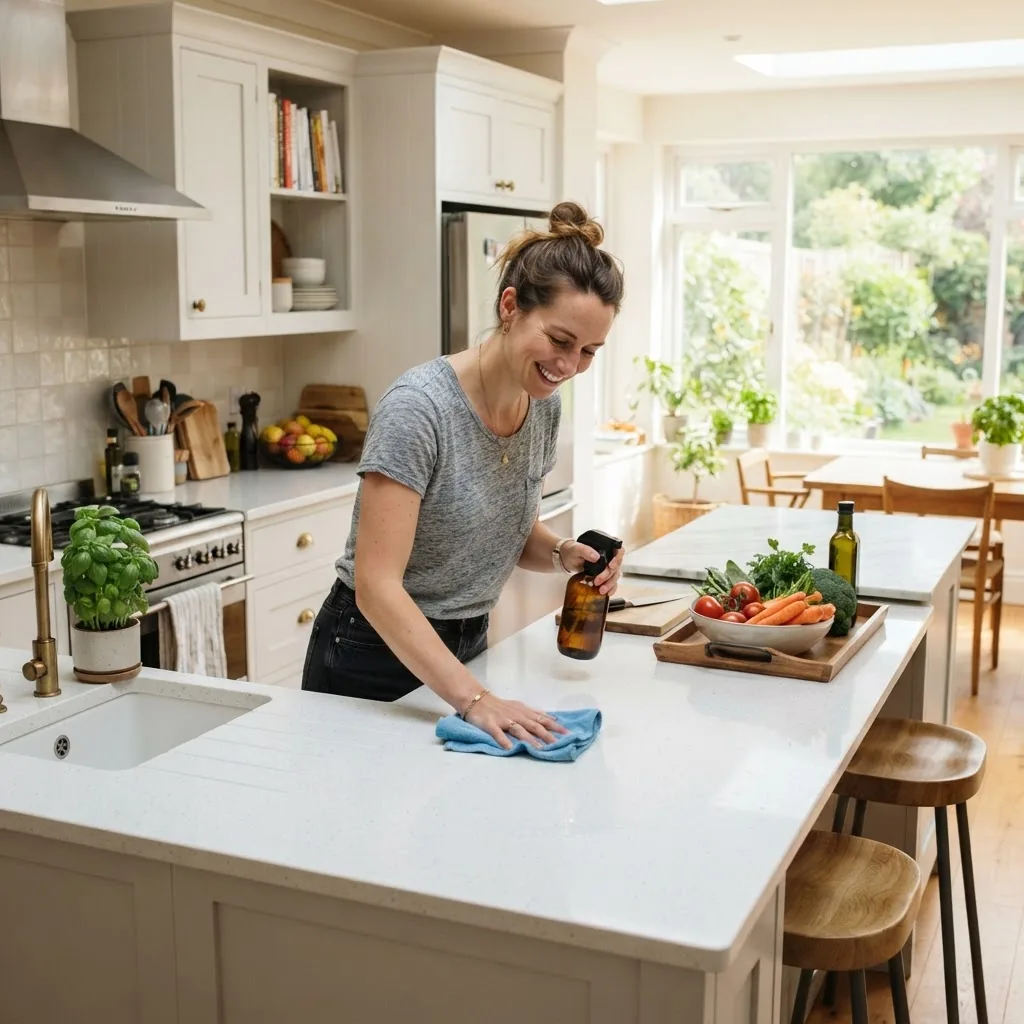 a bright, clean kitchen interior mid-cleaning: filled with natural light from windows, white cabinets, a person in casual clothes wiping