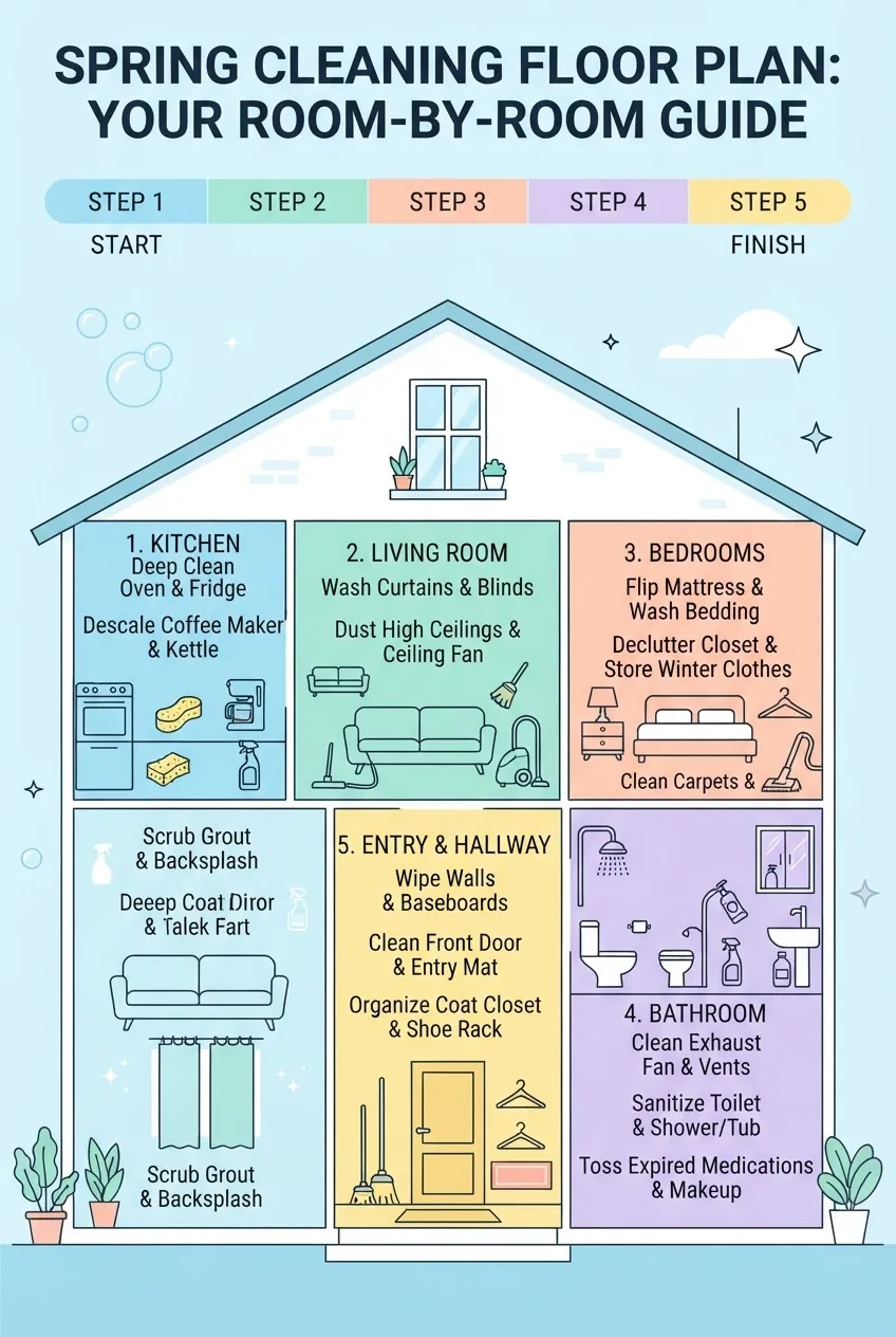shows a house floor plan divided by rooms with three key spring cleaning tasks listed under each room, icons representing cleaning tools,