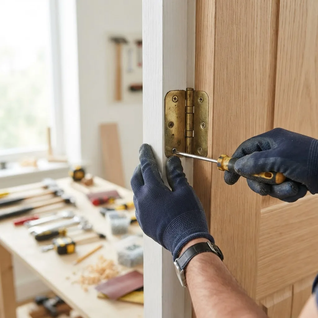 Close-up of homeowner’s hands wearing gloves using basic hand tools to fix a door hinge inside a bright, tidy home workshop, natural
