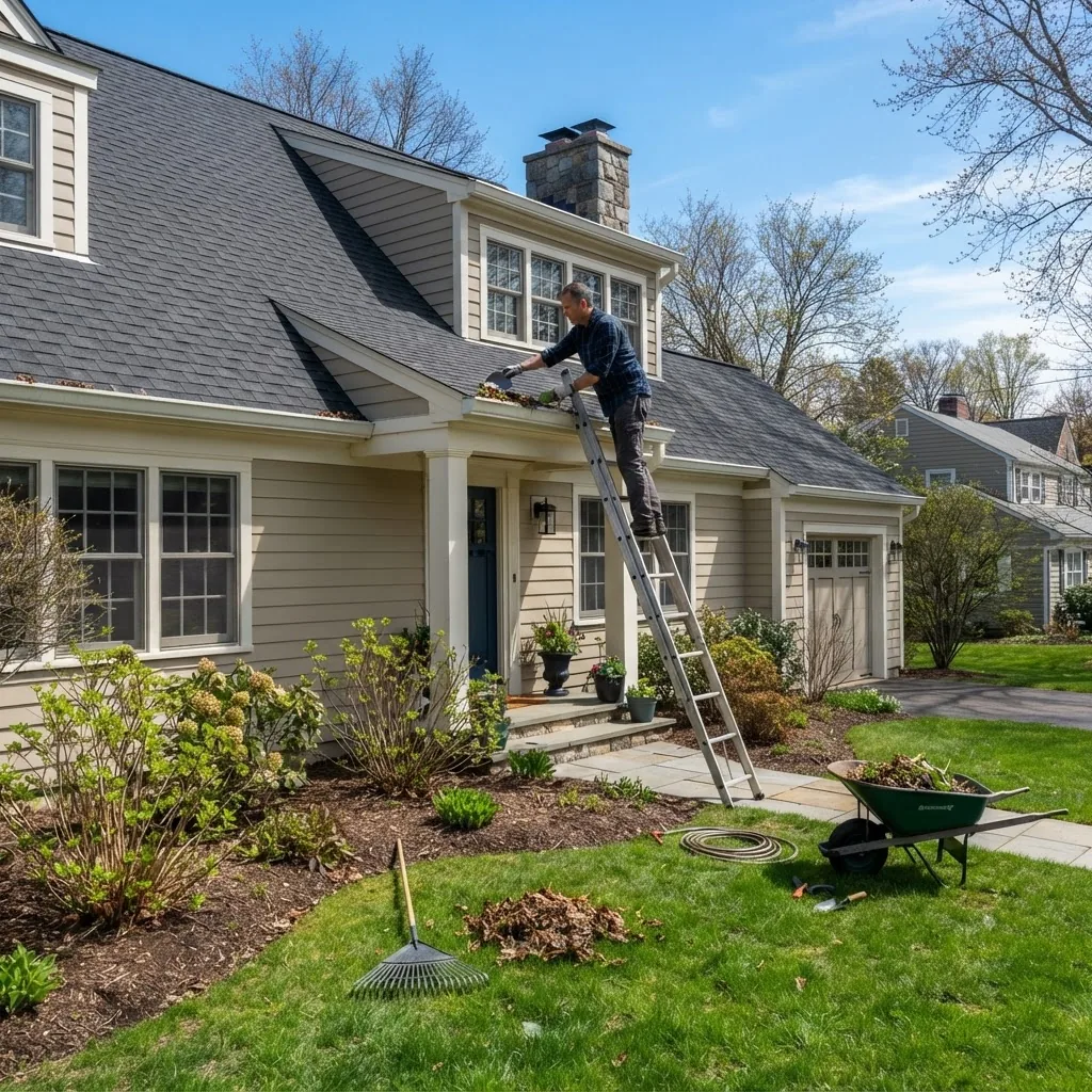 a residential home exterior in early spring daylight, showing a person on a ladder cleaning gutters, vibrant green lawn being prepared with
