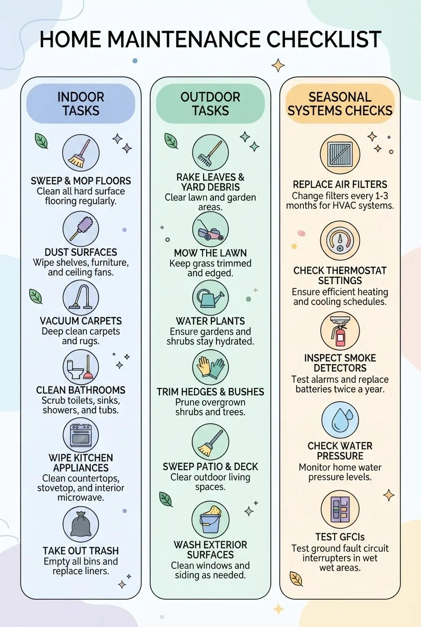 with three vertical columns labeled Indoor Tasks, Outdoor Tasks, and Seasonal Systems Checks, each column featuring 5-6 icons with short