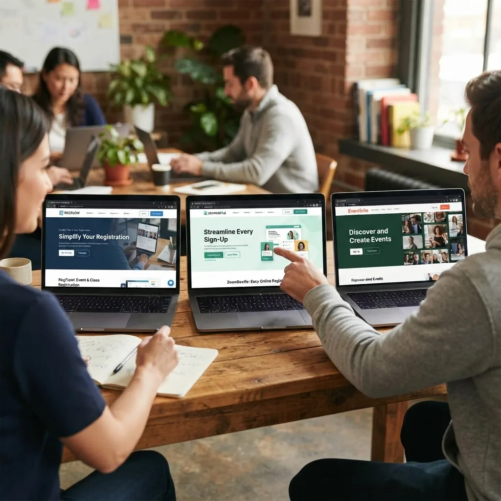 A split-screen image of three laptops showing different online registration company homepages on screen, soft indoor lighting,