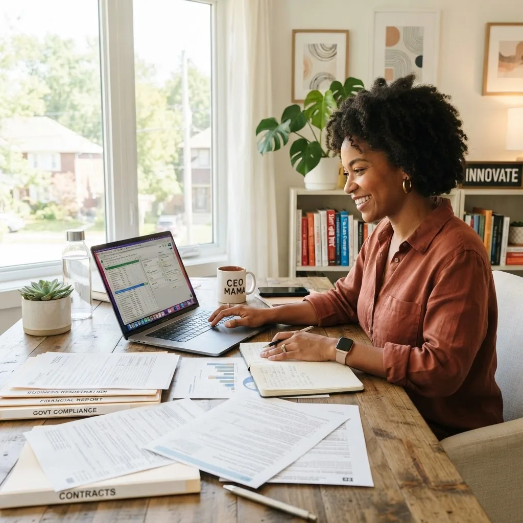 A bright, professional workspace showing a diverse entrepreneur using a laptop with government and business documents nearby, natural