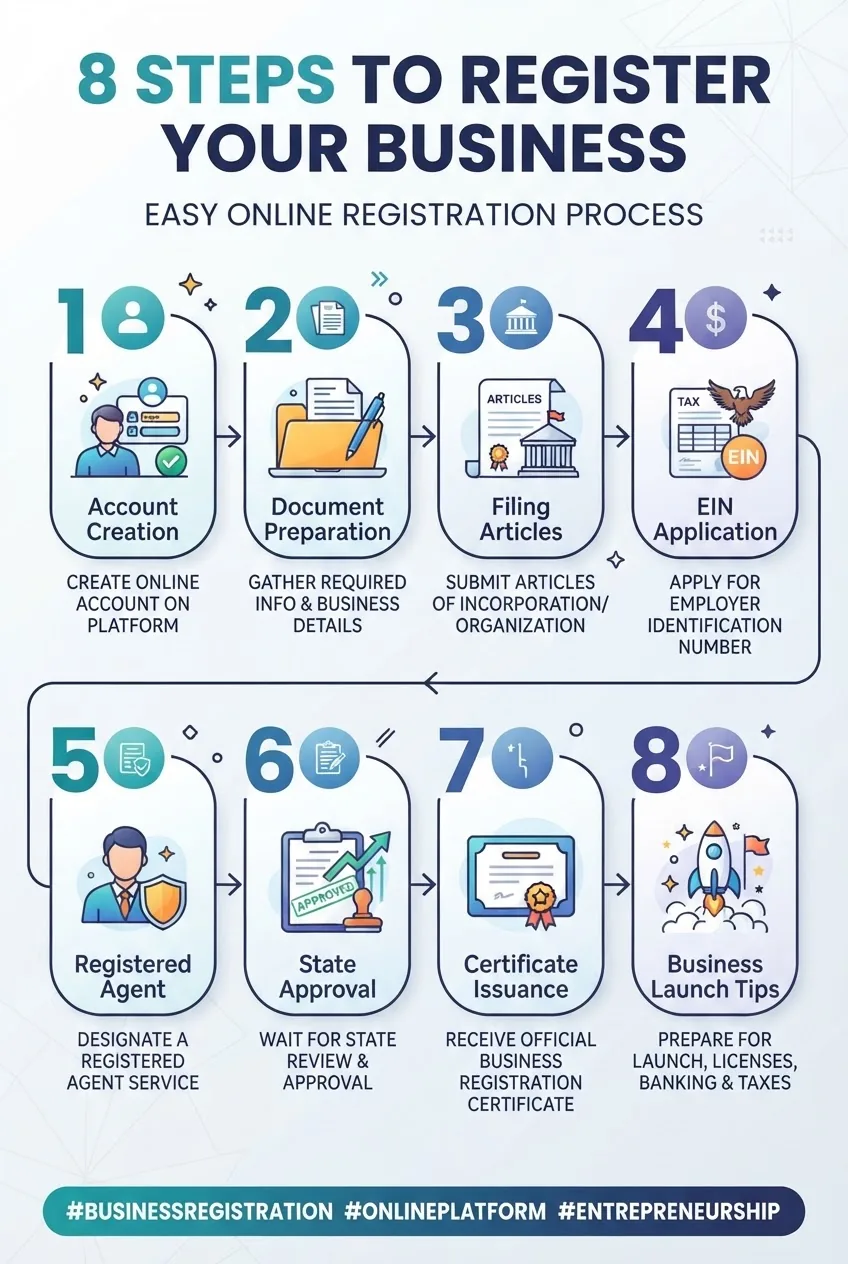 A clear, clean infographic illustrating 8 numbered steps for registering a business via online registration companies, each step with a
