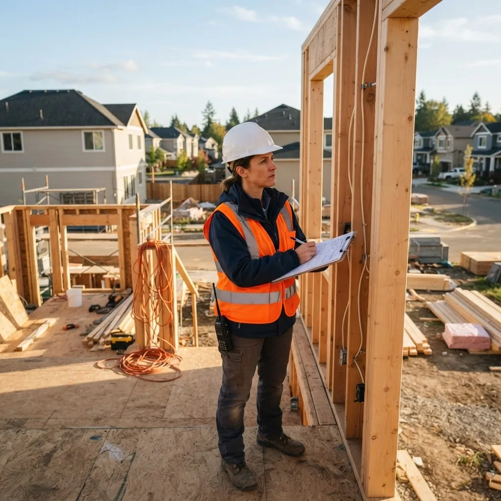 An inspector examining a residential construction site, wearing safety vest and helmet, clipboard in hand, afternoon lighting, focus on