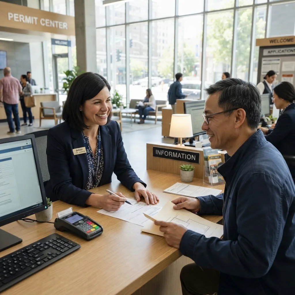 A modern permit office reception area with a staff member assisting a homeowner applying for a permit, bright daylight through windows,
