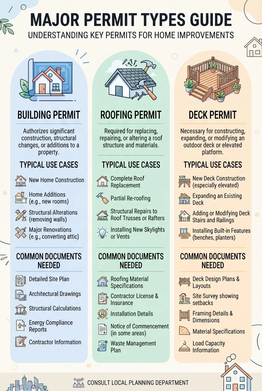 A three-column infographic showing major permit types: Building Permit, Roofing Permit, Deck Permit. Each column includes a simple icon, a