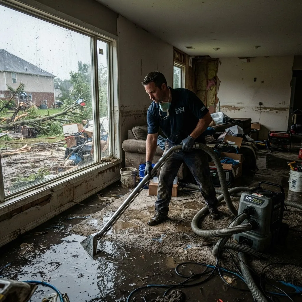 a worker using a water extraction pump inside a flooded home with storm debris visible outside the window, taken indoors with soft lighting