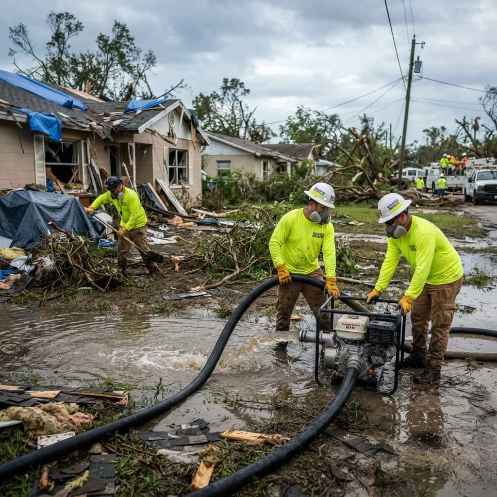 a professional emergency cleanup crew removing debris and water from a residential yard after a severe storm, showing heavy equipment such