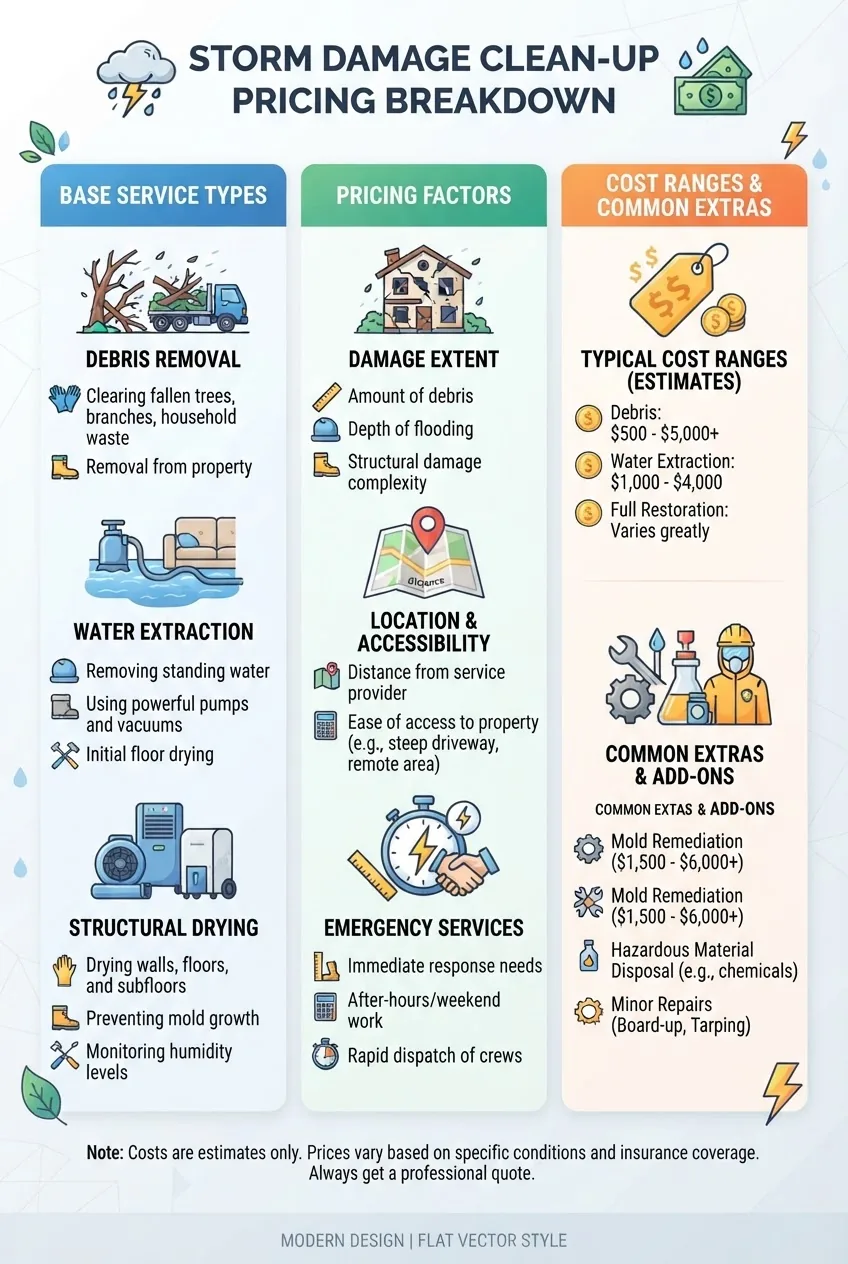 shows storm damage clean up pricing breakdown: column one with base service types (debris removal, water extraction, drying), column two