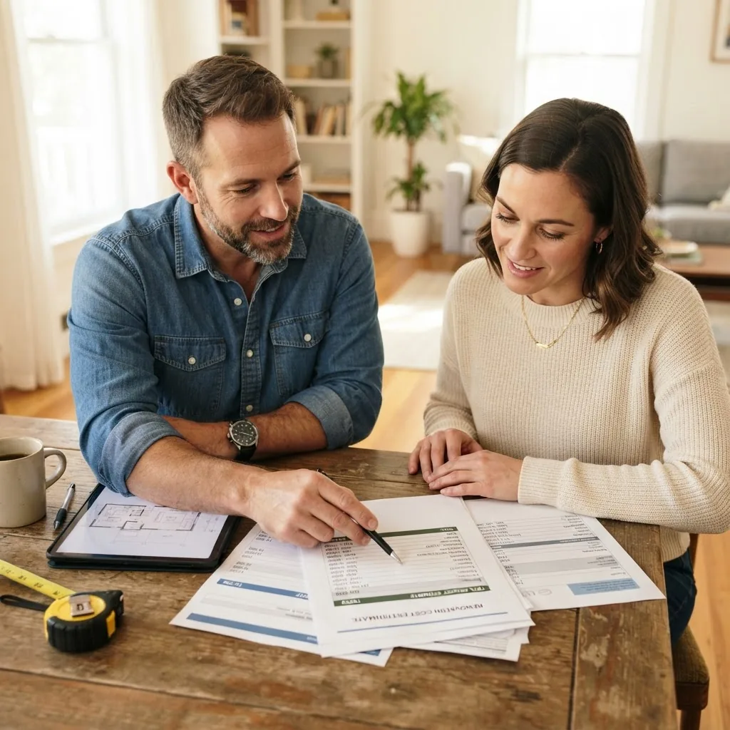 a contractor reviewing detailed cost estimate paperwork with a homeowner inside a sunny living room, showcasing focus and cooperation, with