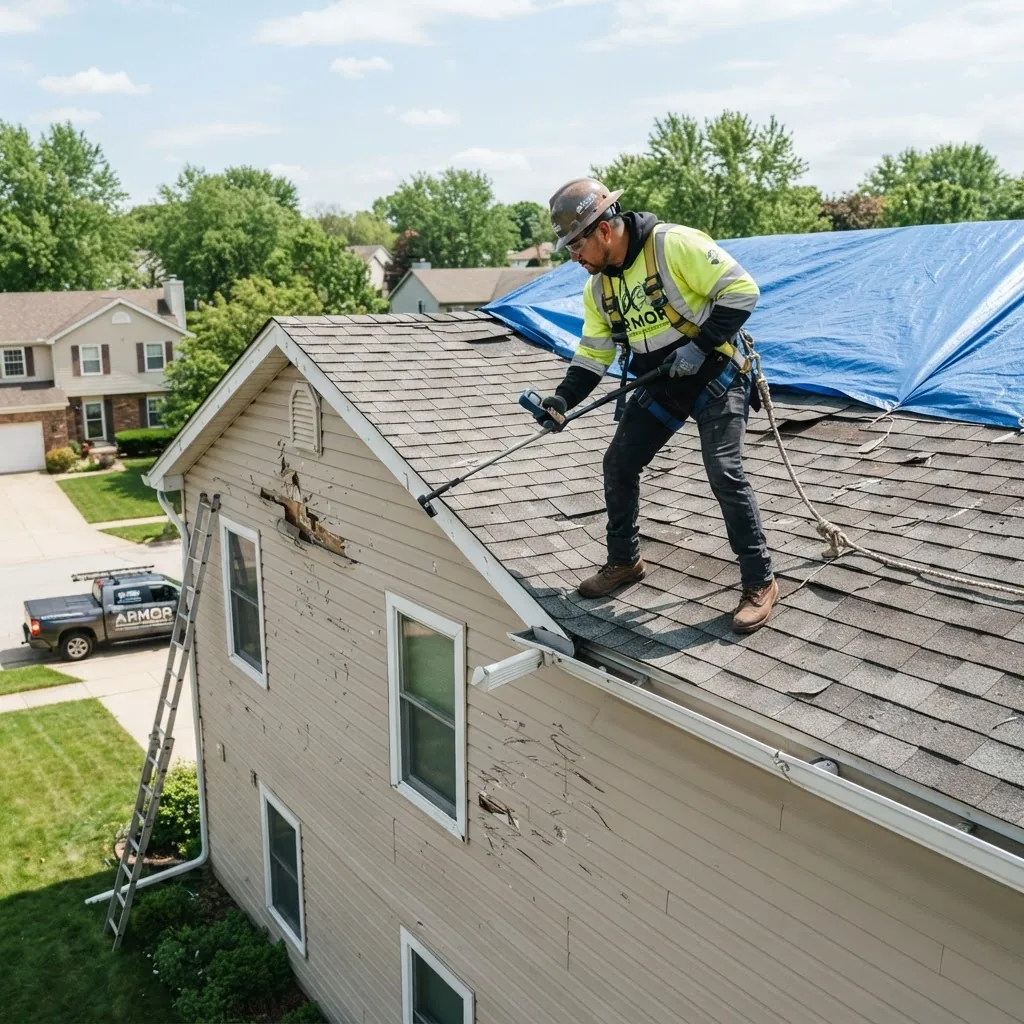 a professional storm damage repair contractor inspecting a residential roof and exterior siding under bright daylight, wearing safety gear