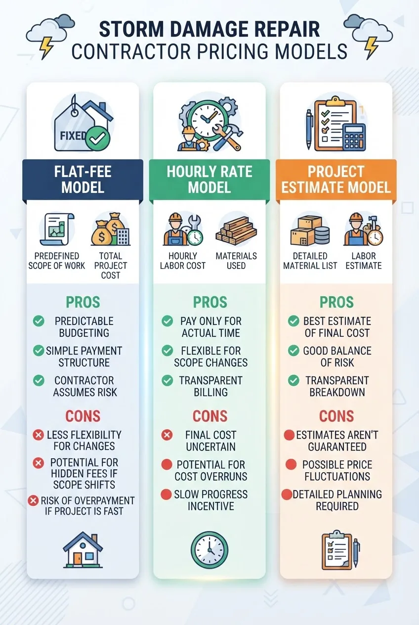 with three columns comparing flat-fee, hourly rate, and project estimate pricing models used by storm damage repair contractors; each