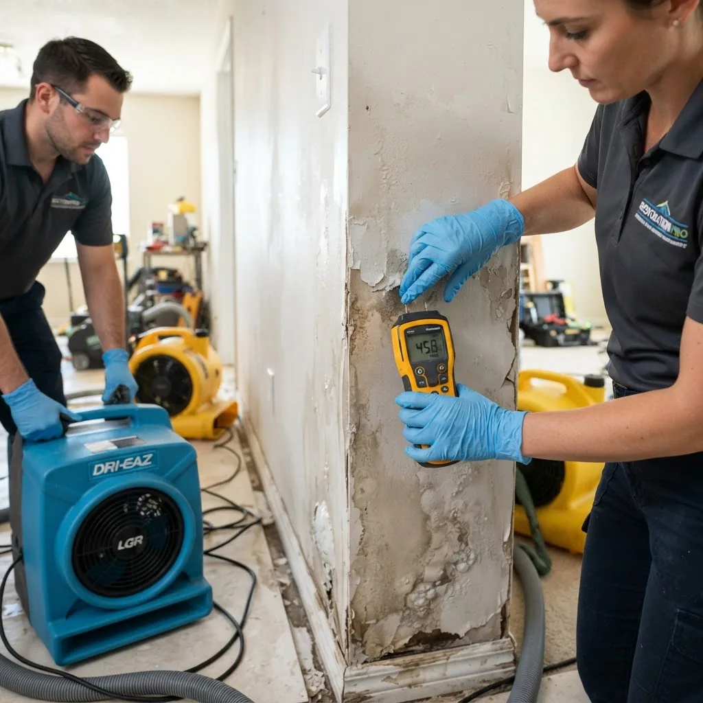 restoration workers using drying equipment and inspecting a water-damaged interior wall, showing hands holding a moisture meter and fans