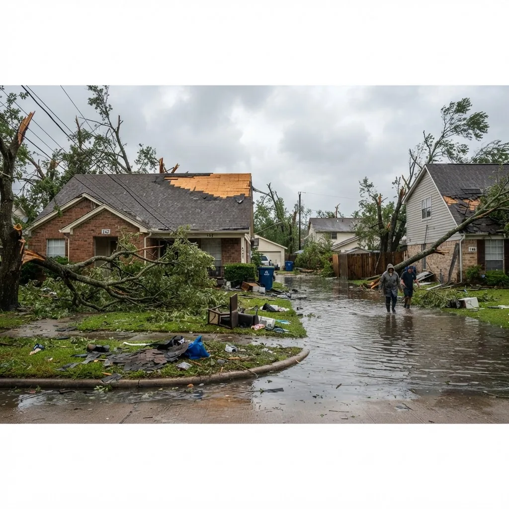 a residential area showing multiple types of storm damage: broken tree branches, roof damage with missing shingles, flooded street, and