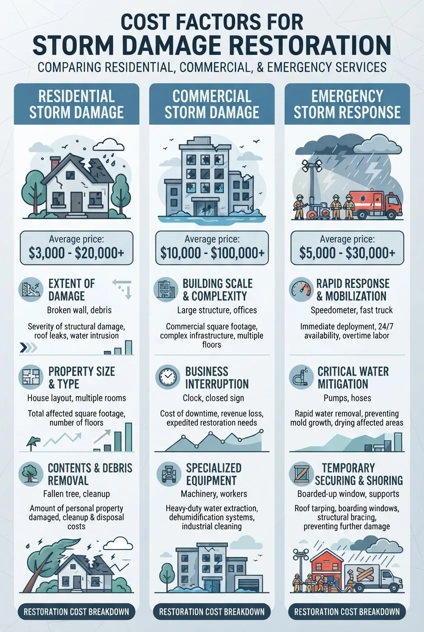 with three columns presenting cost factors for residential, commercial, and emergency storm damage restoration; each column includes icon,