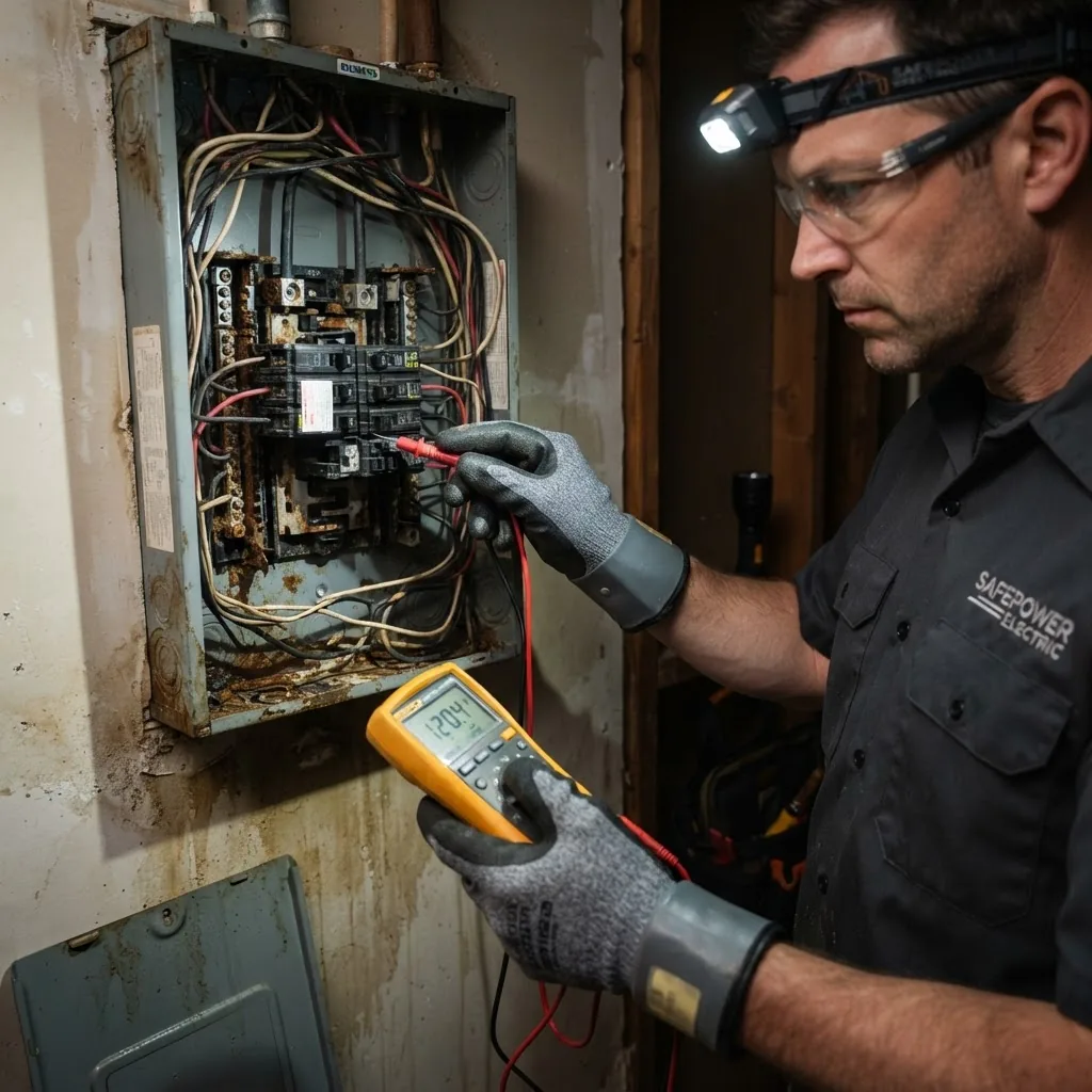 Close-up photo of a technician inspecting electrical panels inside a water-damaged home, wearing protective gloves and using testing