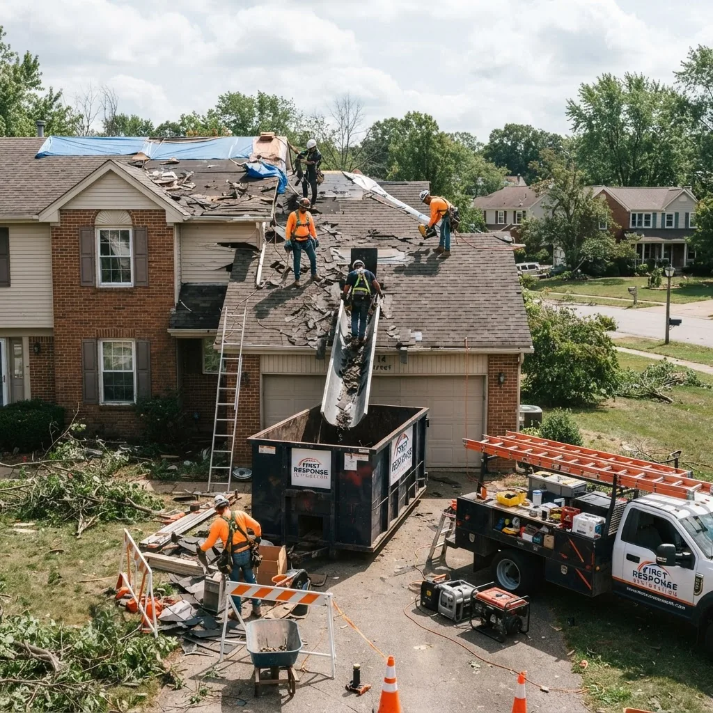 Photograph of a storm restoration crew actively working on a residential property, removing debris and assessing roof damage under natural