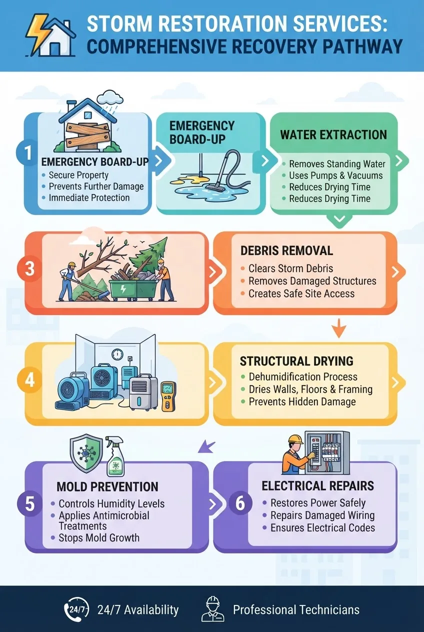shows a segmented flowchart listing storm restoration services: emergency board-up, water extraction, debris removal, structural drying,