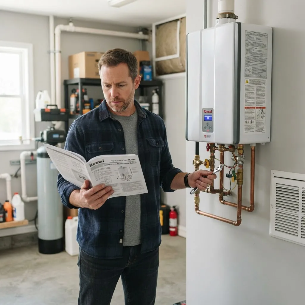 Homeowner inspecting a tankless water heater for maintenance, holding a user manual, standing in a well-lit utility room, casual attire,