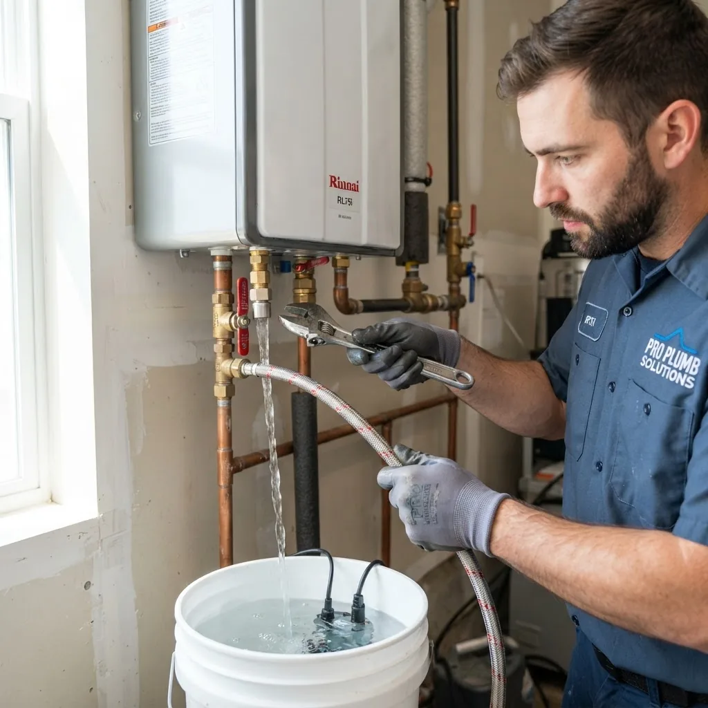 Close-up photograph of a professional plumber performing routine maintenance on a modern tankless water heater, indoors under bright